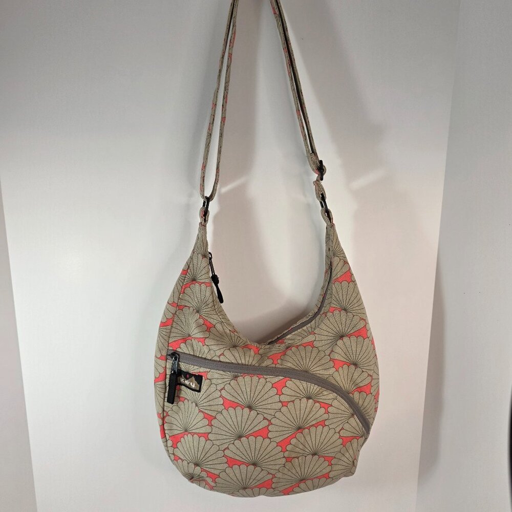 KAVU Rope Sling Crossbody Bag Shell Print Coral Tan Adjustable Strap - Picture 2 of 10
